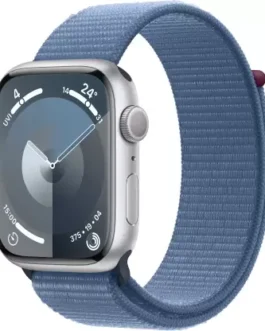 Apple Watch Series 9 GPS 45mm Silver Aluminium Case with Winter Blue Sport Loop  (Silver Strap, Free Size)